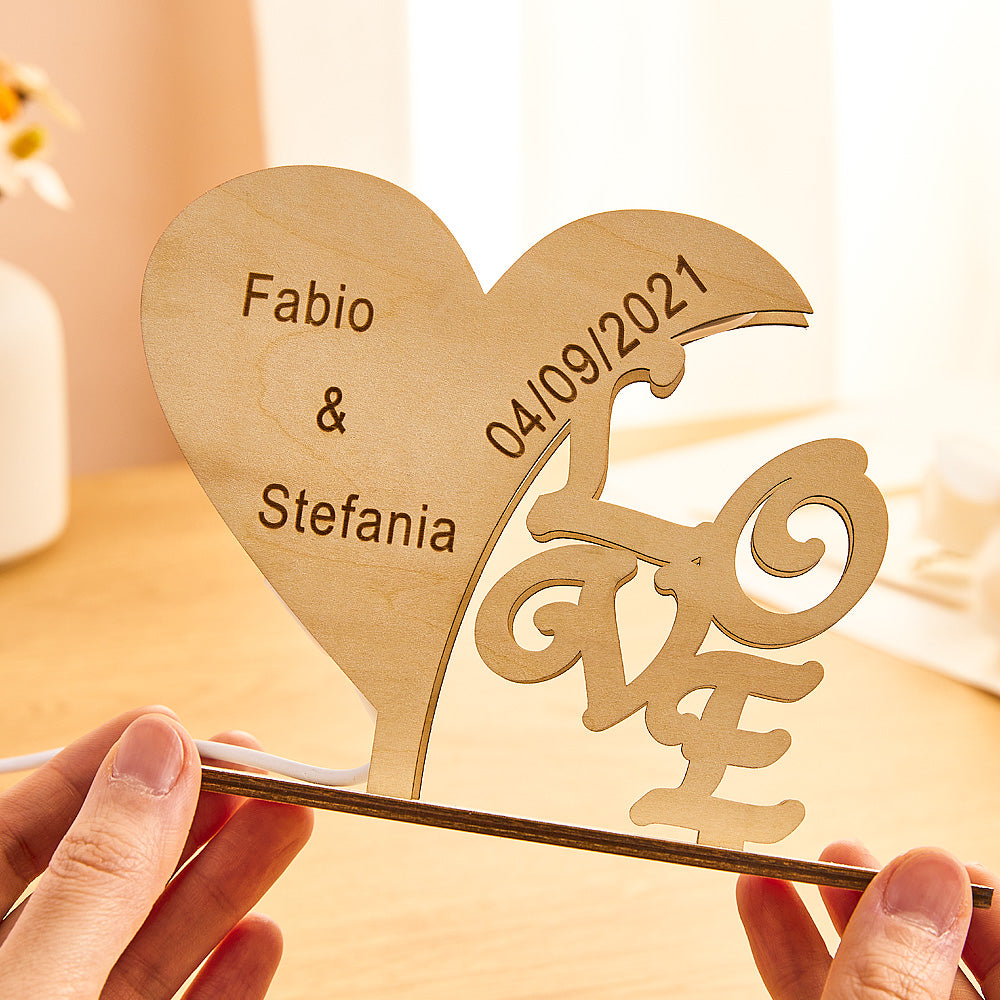 Heart Engraved Wood Night Light